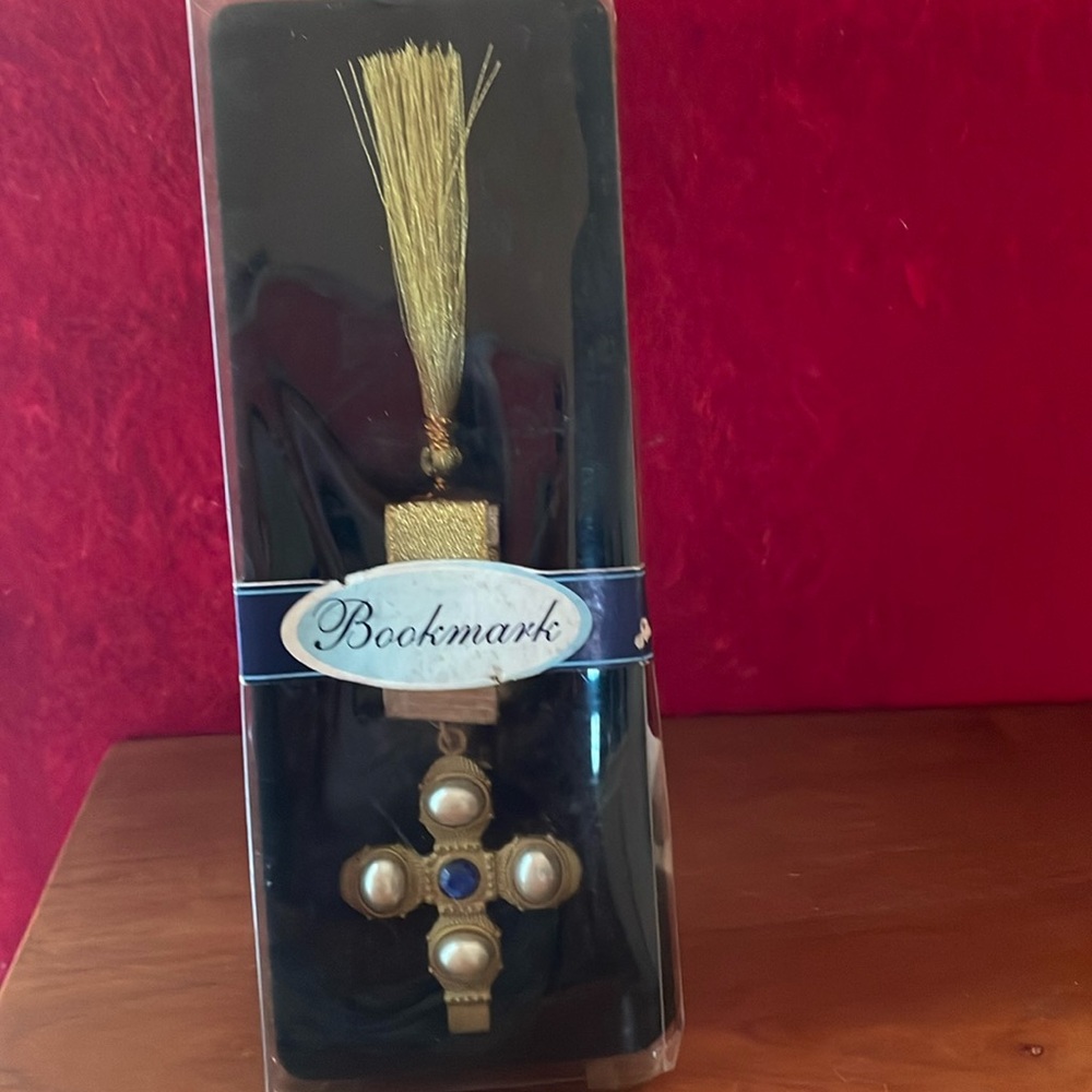 Greenbriar International Fringe Ribbon Jeweled Metal Cross Bookmark Gold w/Stone